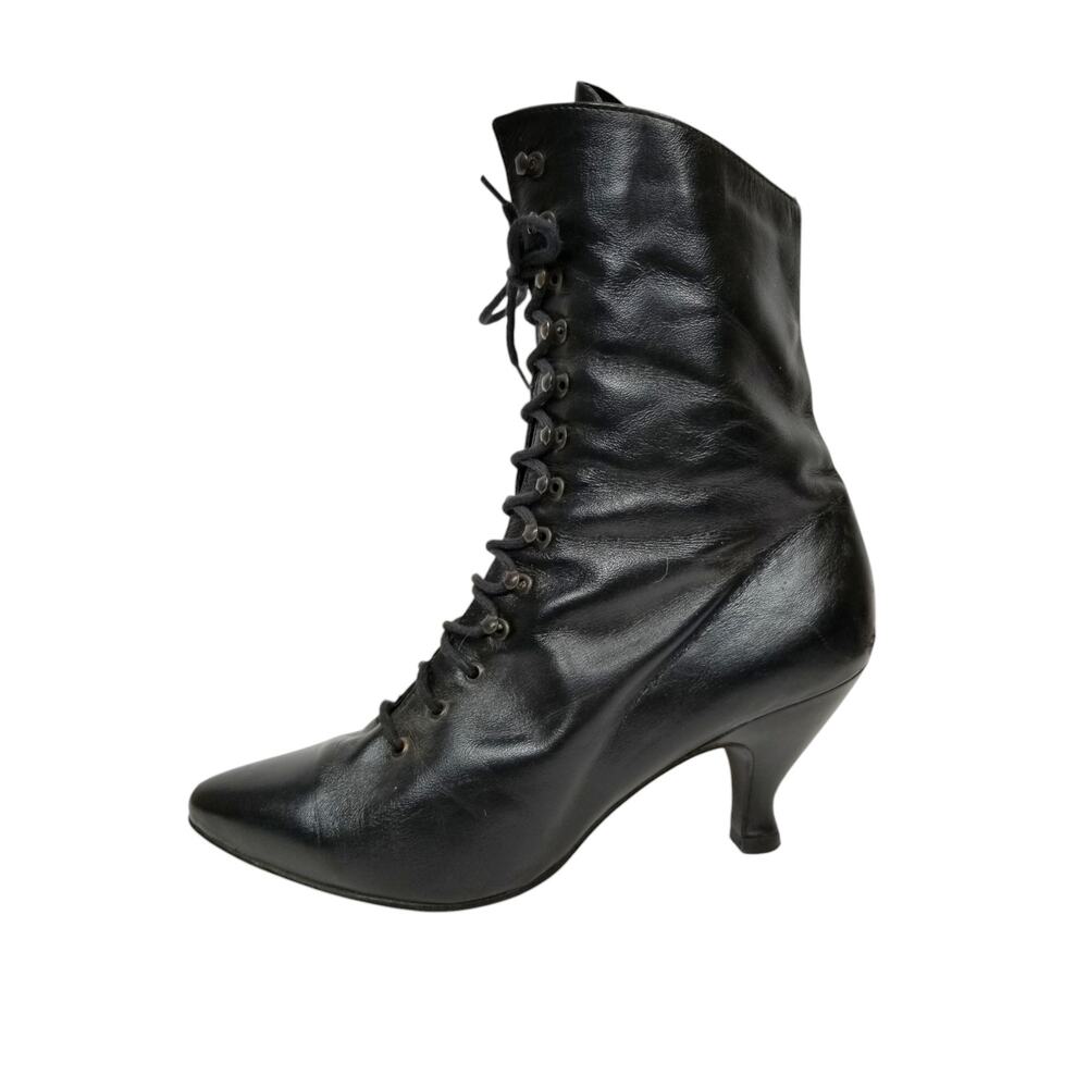 Poppies Black Leather Victorian Lace-up Boots Size 7.5 - Picture 3 of 12